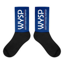 Load image into Gallery viewer, WYSP - What&#39;s Your Soul Purpose? - Bold - White - Blue &amp; Black Foot Sublimated Socks
