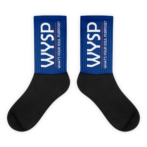 WYSP - What's Your Soul Purpose? - Bold - White - Blue & Black Foot Sublimated Socks