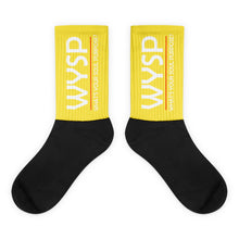 Load image into Gallery viewer, WYSP - What&#39;s Your Soul Purpose? - Bold - White - Yellow &amp; Black Foot Sublimated Socks