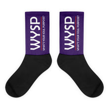 Load image into Gallery viewer, WYSP - What&#39;s Your Soul Purpose? - Bold - White - Purple &amp; Black Foot Sublimated Socks