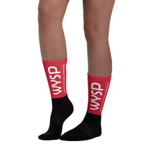 Load image into Gallery viewer, WYSP - What&#39;s Your Soul Purpose? - Bold - White - Red &amp; Black Foot Sublimated Socks